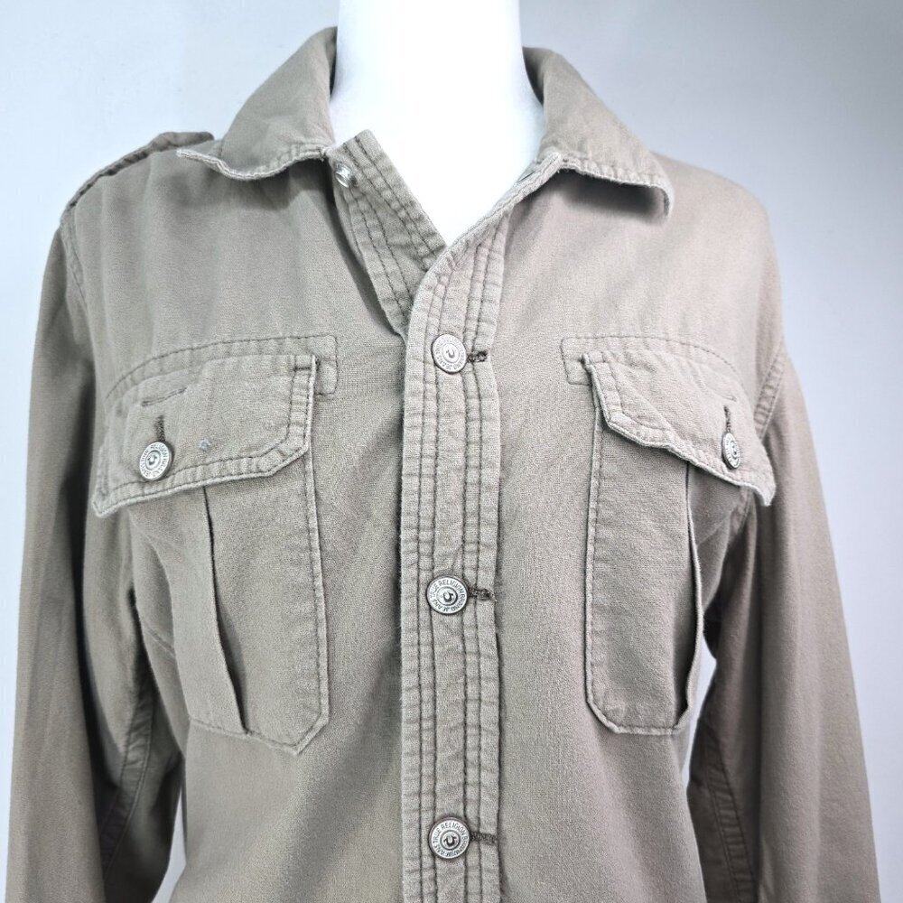 True Religion Olive Green Long Sleeve Double Gauze Flannel Utility Shirt - Picture 8 of 10